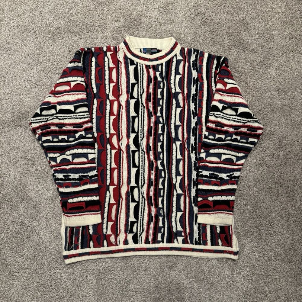 Vintage Coogi Cable Knit Wool Sweater Red White & Blue Striped Sweatshirt XXL